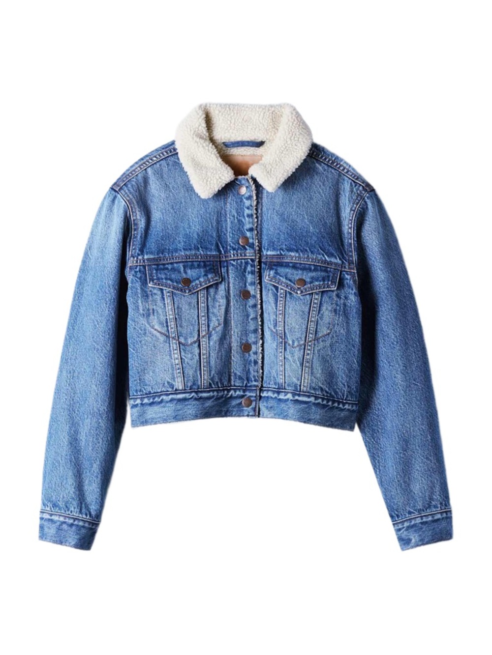 Denim Forum Cropped Sherpa Denim Jacket Light Blue Wash Size S - Picture 5 of 7